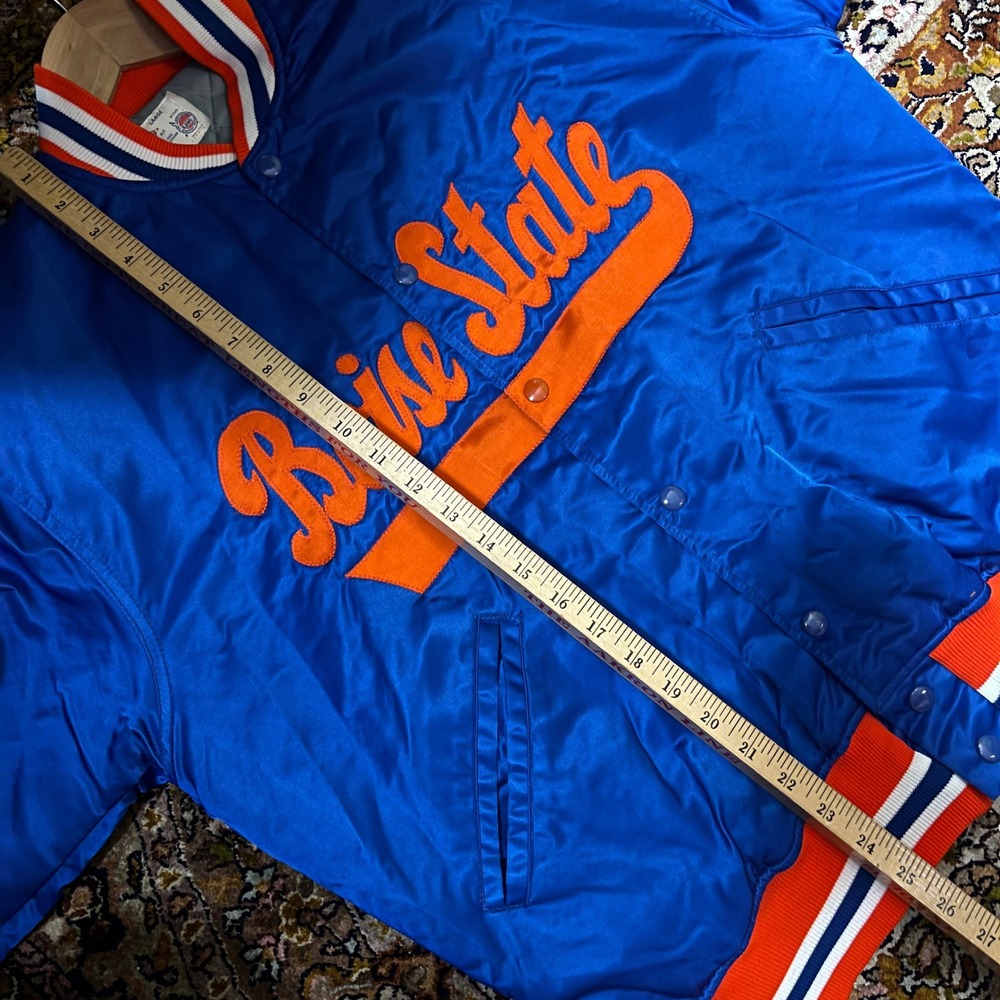 Vintage 80s Felco Boise State College Satin Bomber Jacket Blue Orange Mens Large - Picture 5 of 6